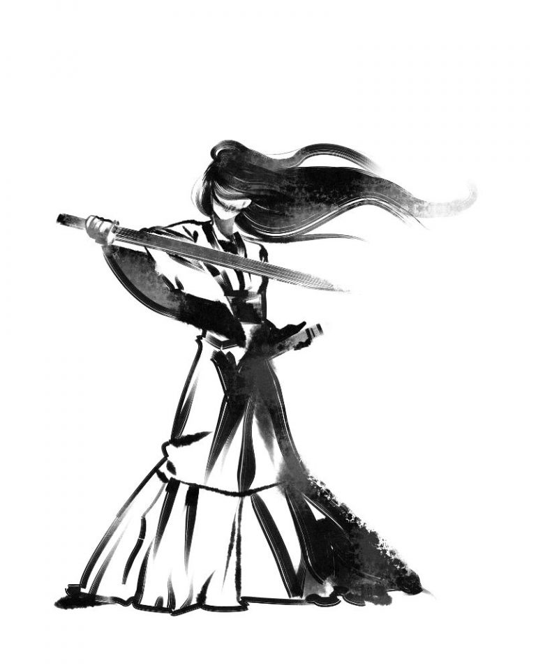 hurt woman with a weapon sketch on the white background