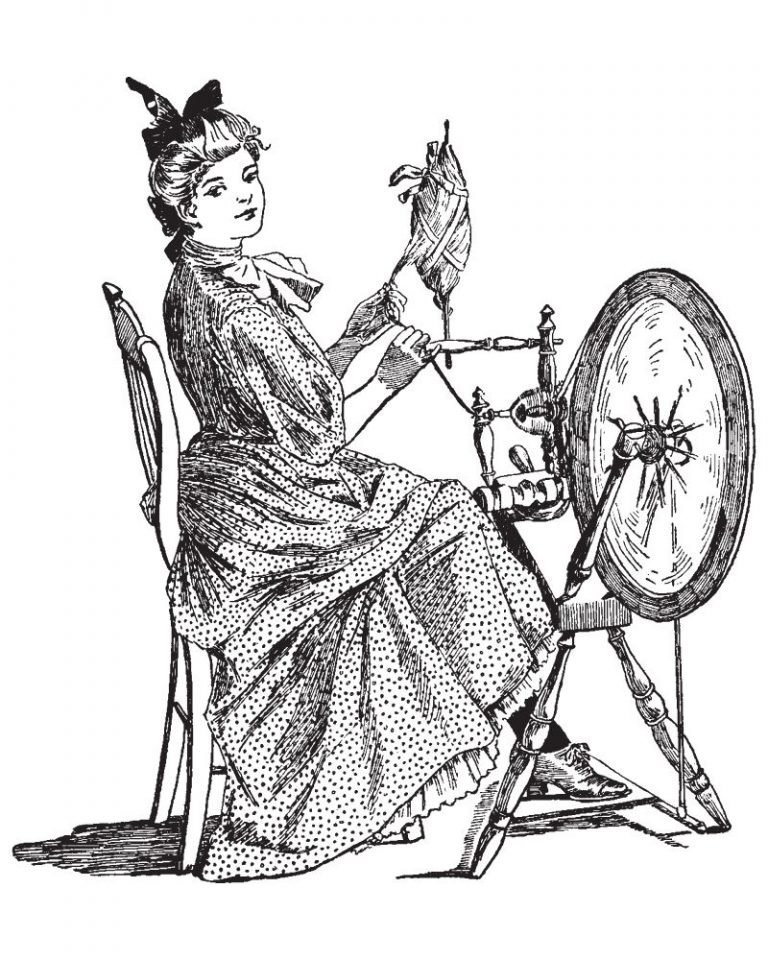 woman vintage sketch spinning wheel self-made business