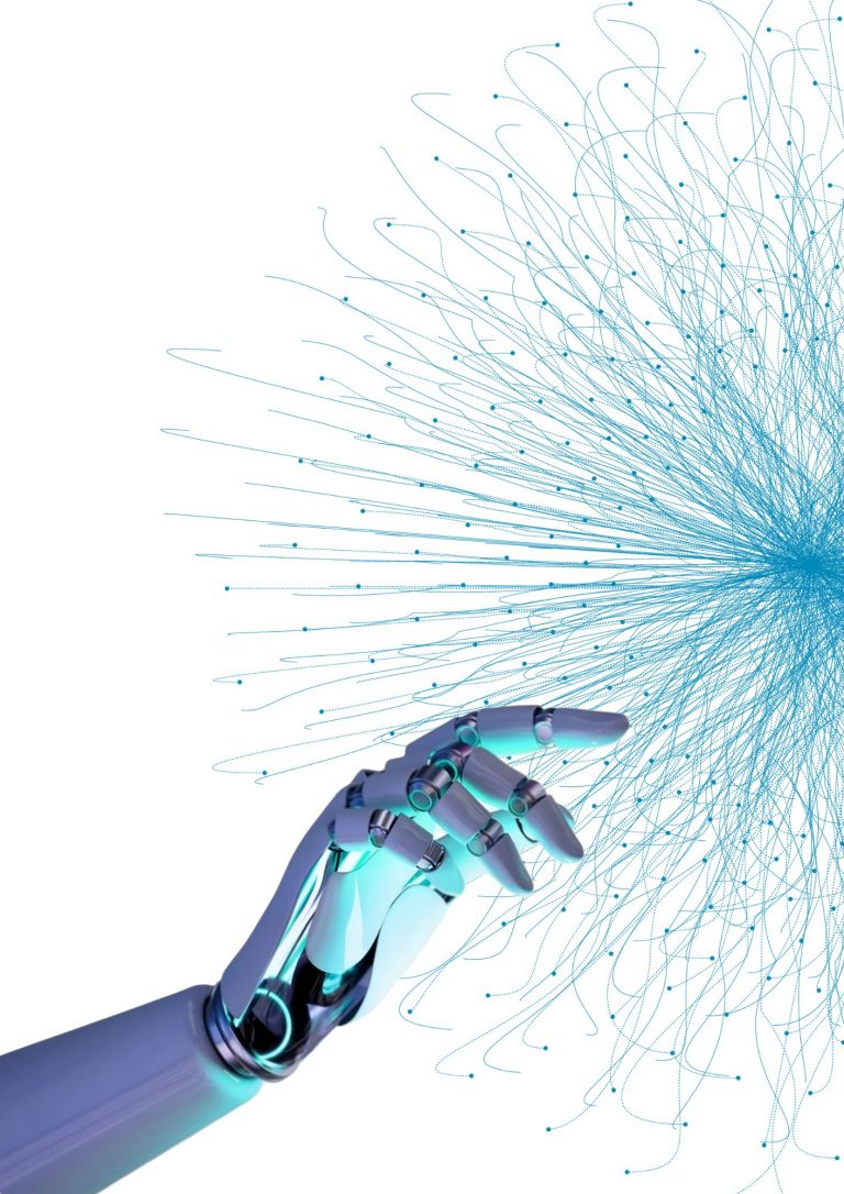 Blue AI hand doing job universe